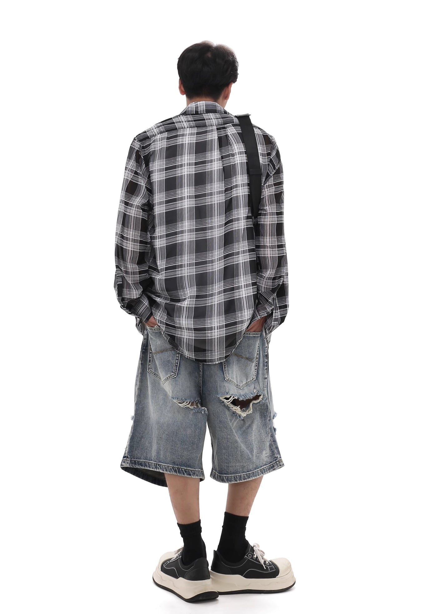 【GIBBYCNA】Double knee cut damaged design short silhouette denim pants  GC0013