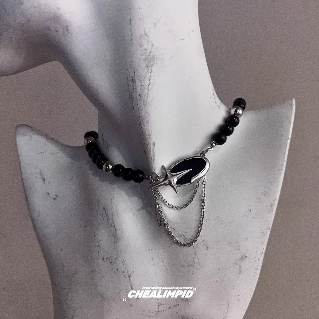 【CHEALIMPID】One-point cross design black pearl ring necklace  CL0006