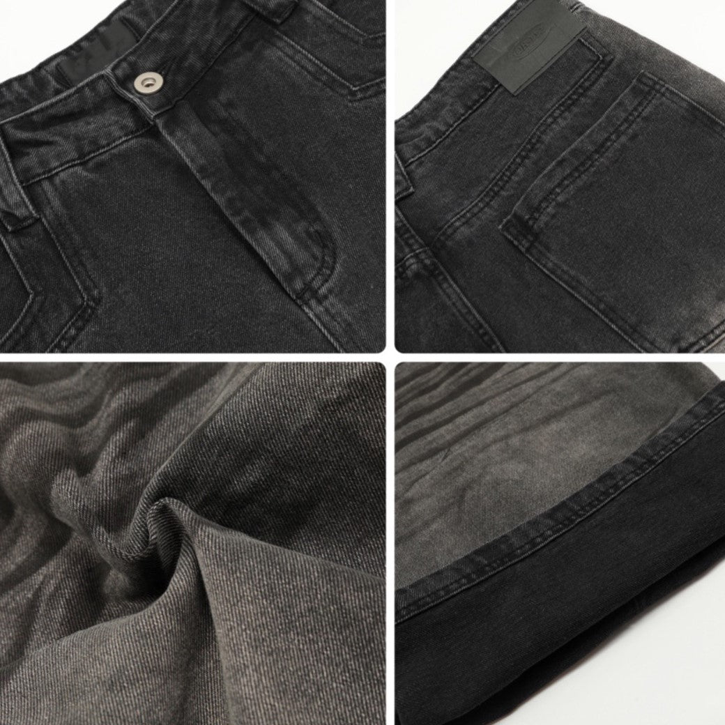 【Mz】Gradient gray black color wide straight denim pants  MZ0038