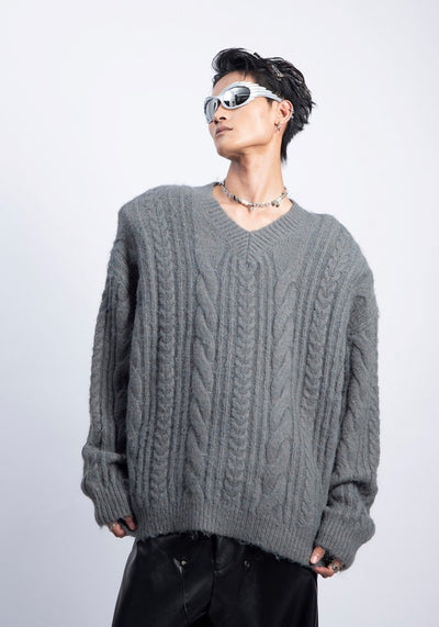 【PLAN1ONE】Simple baseline design V-neck silhouette knit sweater  PL0050