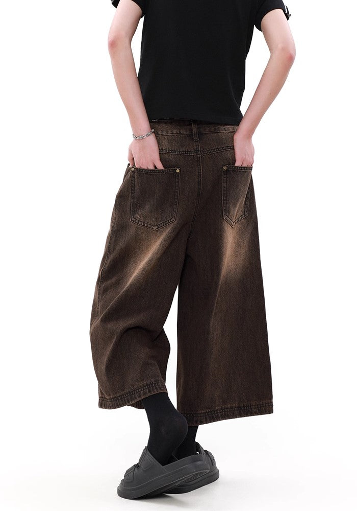 【MR nearly】Dirt washed brown color half silhouette denim pants  MR0123