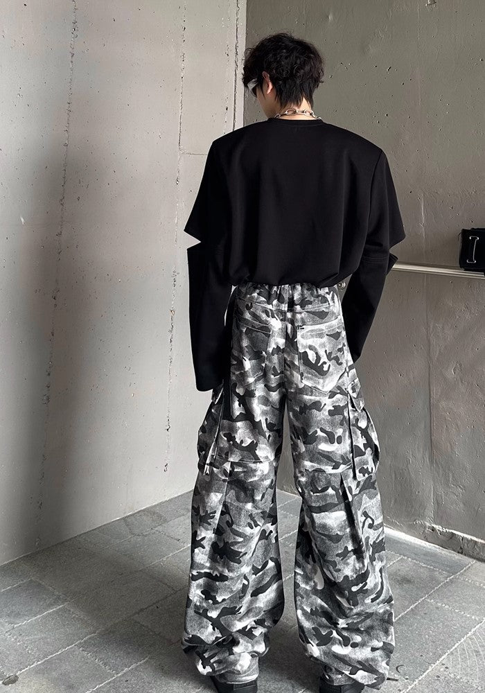 【MARTHENAUT】Dark monotone camouflage color design wide cargo pants  MH0039