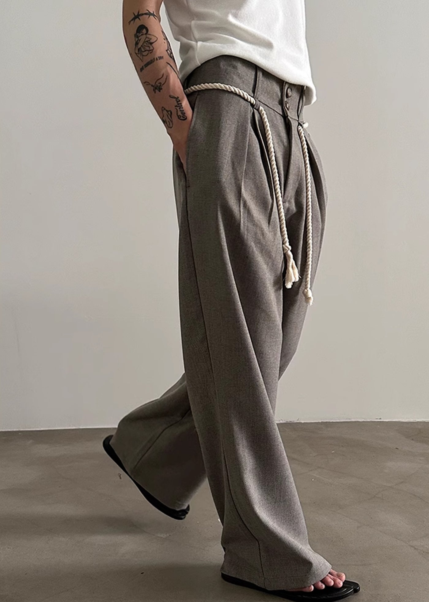 【Very Fewest】Coarse grain fabric design elastic waist slacks pants  VF0034