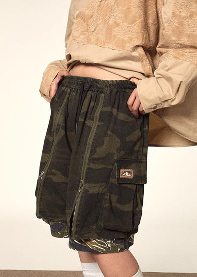 【BLACK BB】Unique full zip design camouflage pattern half silhouette pants  BK0040