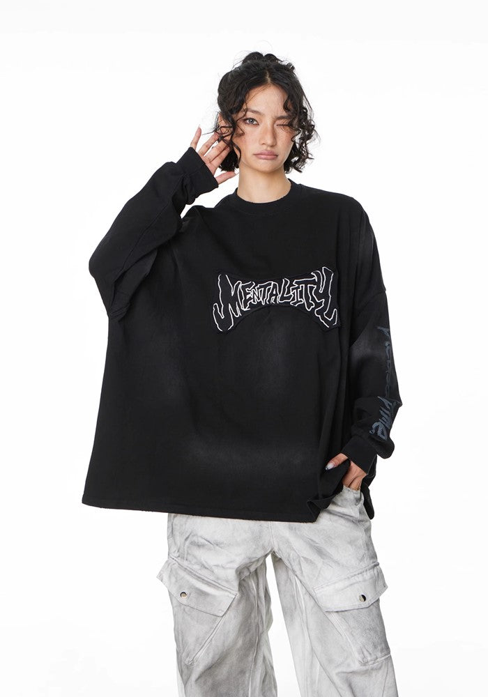 【H GANG X】Grunge wash initial design wiper long sleeve T-shirt  HX0085