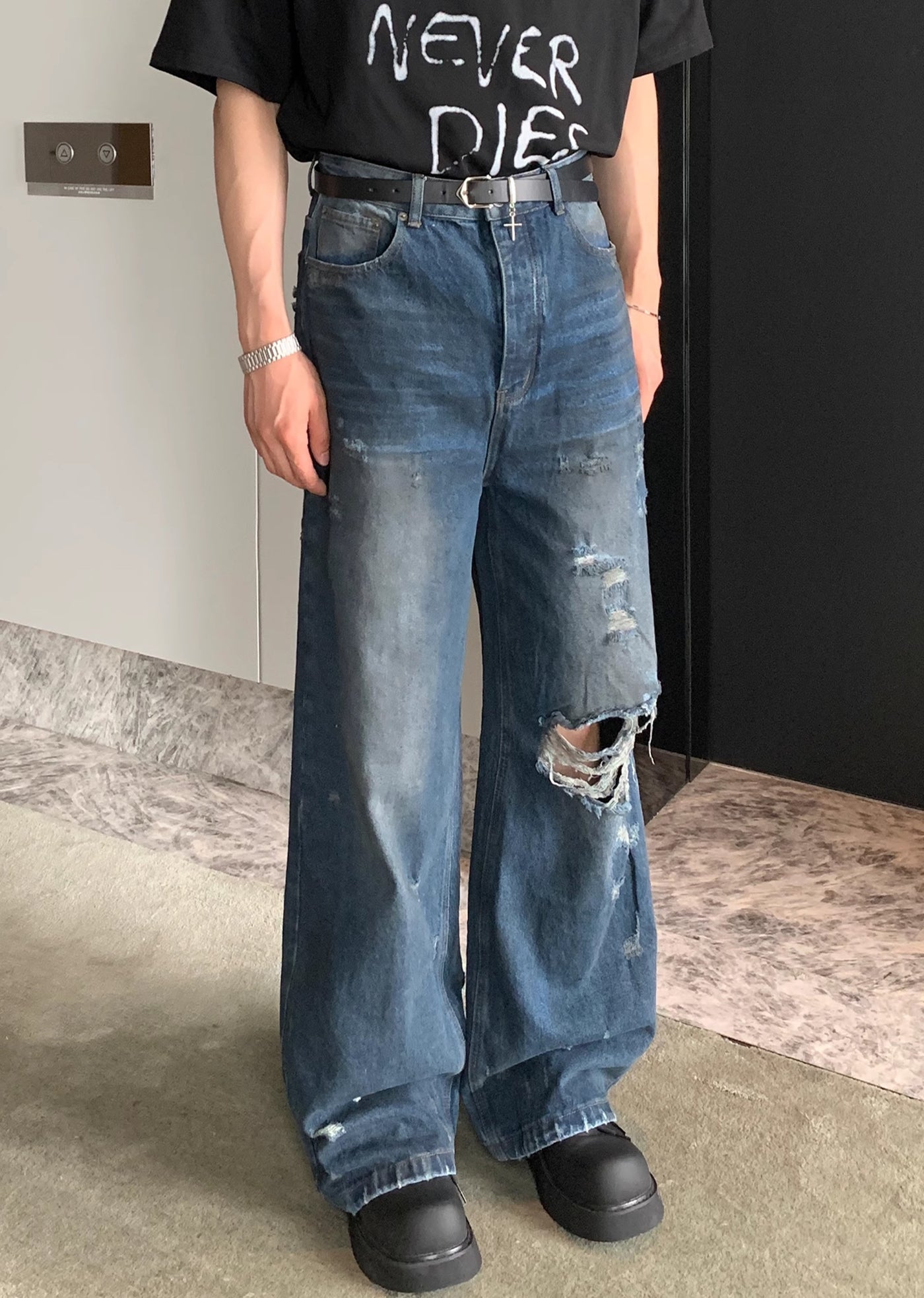 【CUIBUJU】Distressed simple dark blue denim pants  CB0045