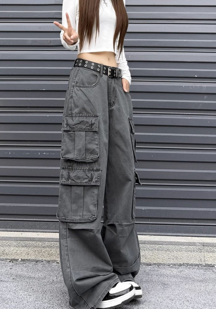 【W3】Double pocket wide silhouette base muted color cargo pants  WO0082