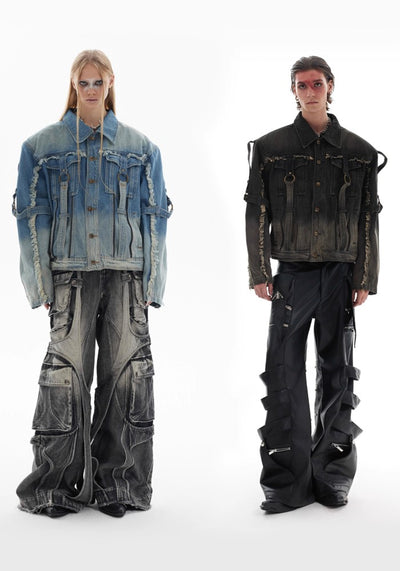 【Culture E】Washed distressed gimmick silhouette design denim jacket  CE0159