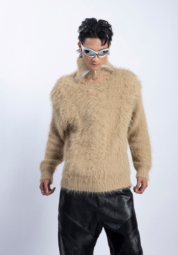 【PLAN1ONE】Mohair-like soft design dull color base knit sweater  PL0048