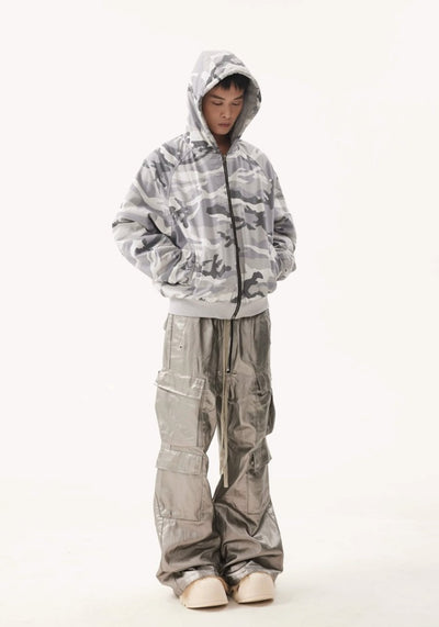 【BTSG】Metallic silver glossy design wide over cargo pants  BS0043