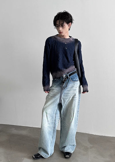 【Very Fewest】Dull base color white blue wide silhouette denim pants  VF0028