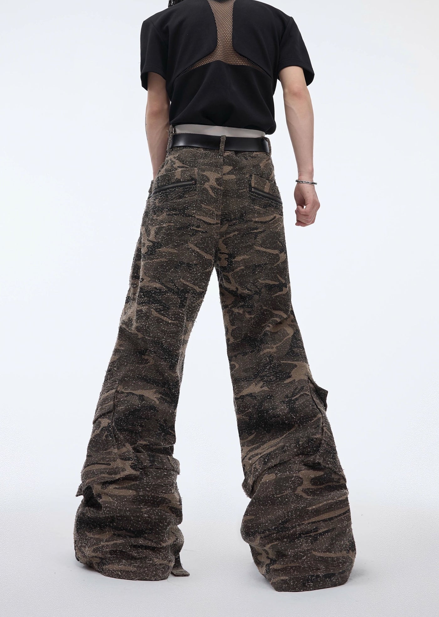 [Culture E] Dark camouflage pattern coloring laces wide flare silhouette denim pants CE0124