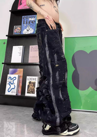 [TOKI] Back side cutout distressed random design wide style denim pants TK0001