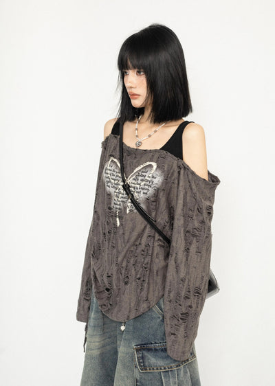 【ZERO STORE】Grunge butterfly design distressed knee cut sweater  ZS0044