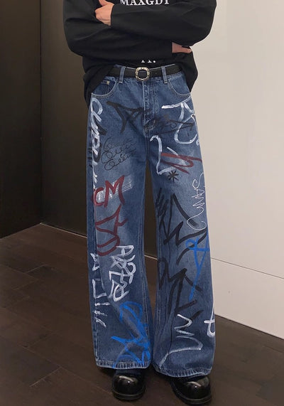 【CUIBUJU】Countless graffiti design casual street wide denim pants  CB0052