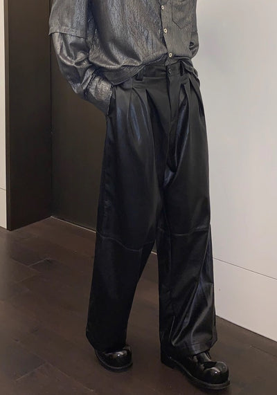 【CUIBUJU】Glossy design wide straight silhouette leather pants  CB0050