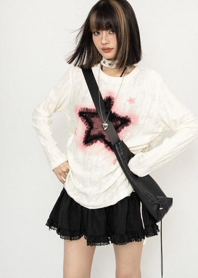 【ZERO STORE】Grunge dull star design messy long sleeve T-shirt  ZS0048