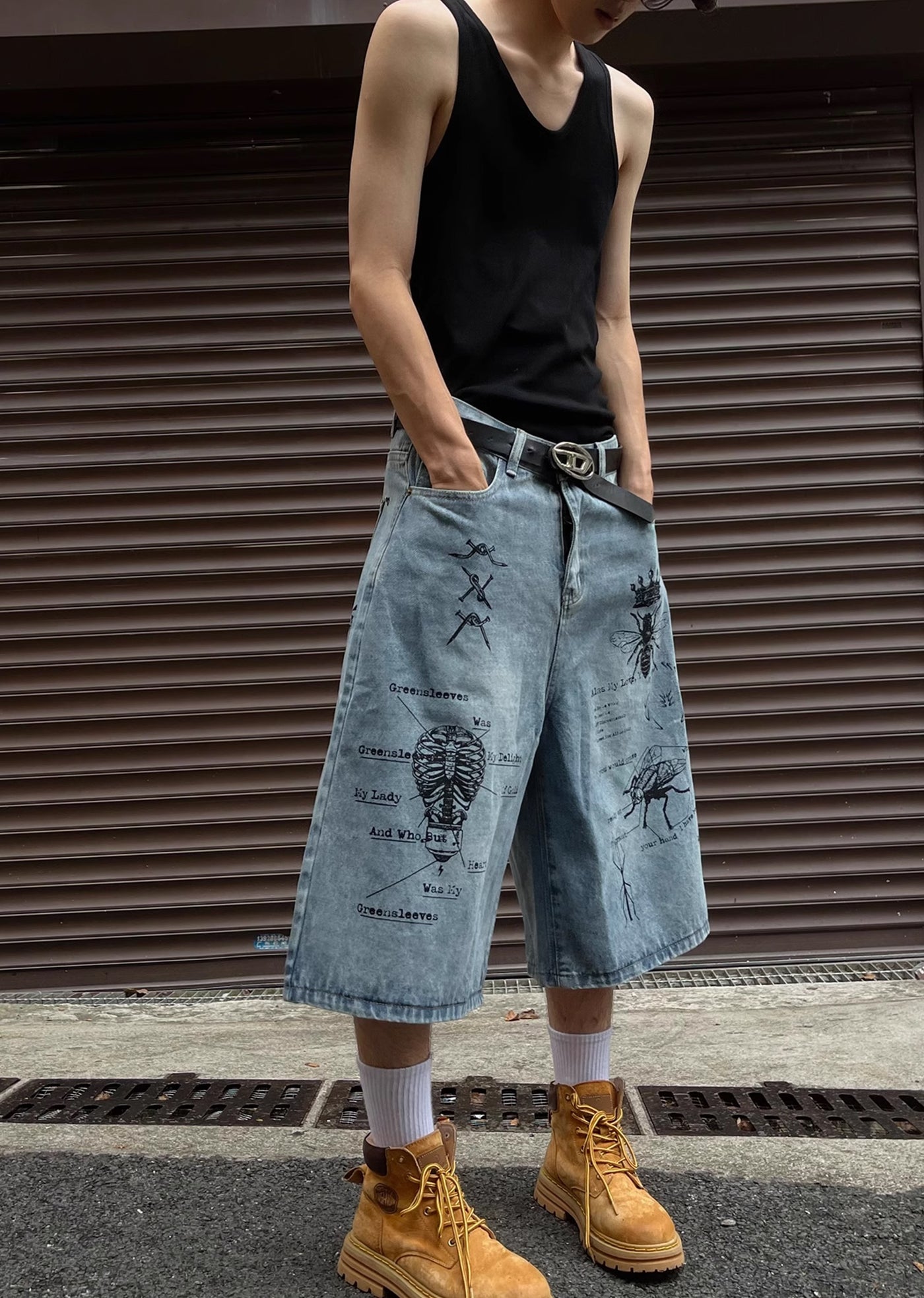 [MAXDSTR] Mid-distressed grunge-style half-silhouette denim pants MD0148