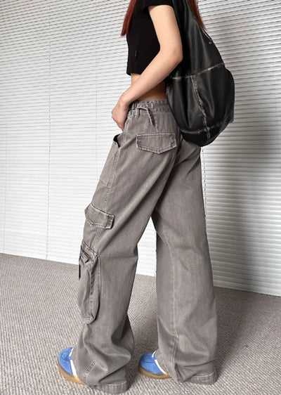 [Apocket] Double pocket grunge style design cargo denim pants AK0023