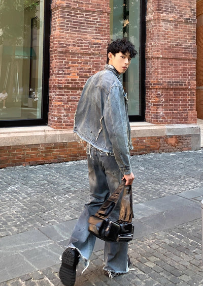 【CUIBUJU】Vintage faded washed distressed denim setup  CB0042