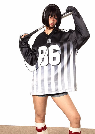 【BLACK BB】Number Initial Gaming Sporty Line Design Long Sleeve T-Shirt  BK0038