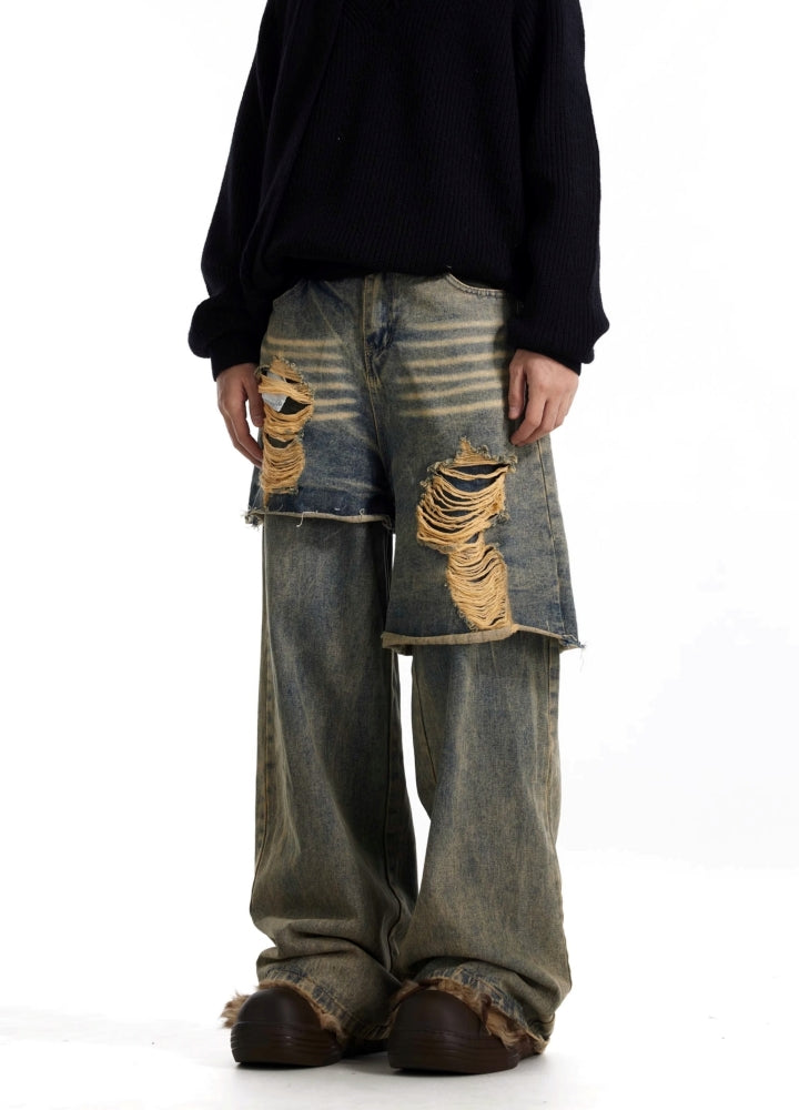 【BTSG】Asymmetrical gimmick layered style damaged denim pants  BS0063