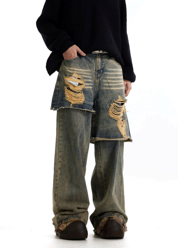 【BTSG】Asymmetrical gimmick layered style damaged denim pants  BS0063