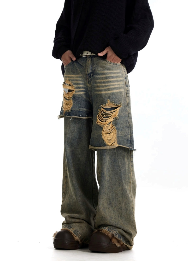 【BTSG】Asymmetrical gimmick layered style damaged denim pants  BS0063