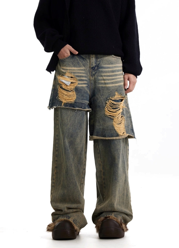 【BTSG】Asymmetrical gimmick layered style damaged denim pants  BS0063