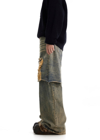 【BTSG】Asymmetrical gimmick layered style damaged denim pants  BS0063