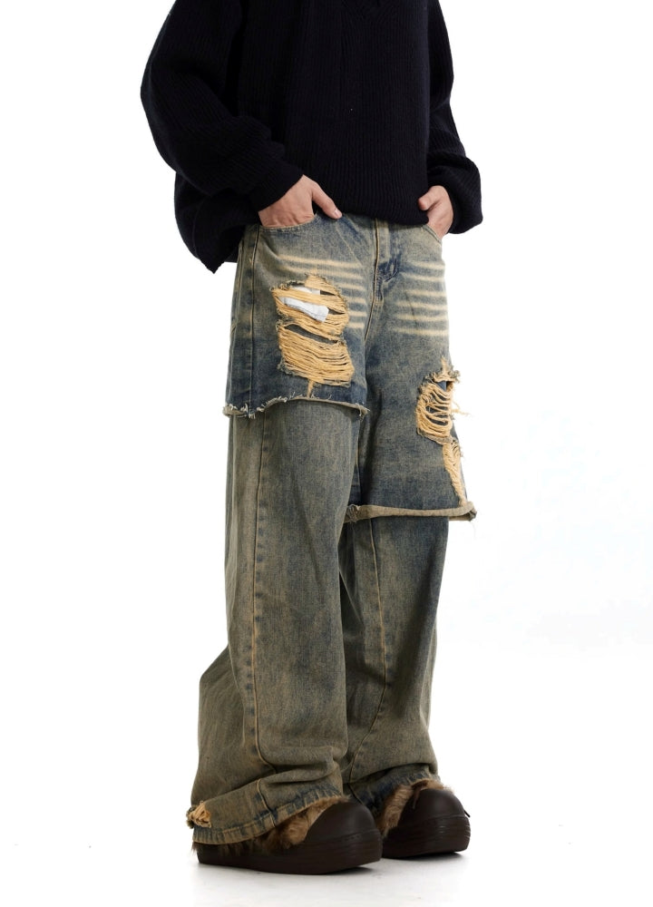 【BTSG】Asymmetrical gimmick layered style damaged denim pants  BS0063