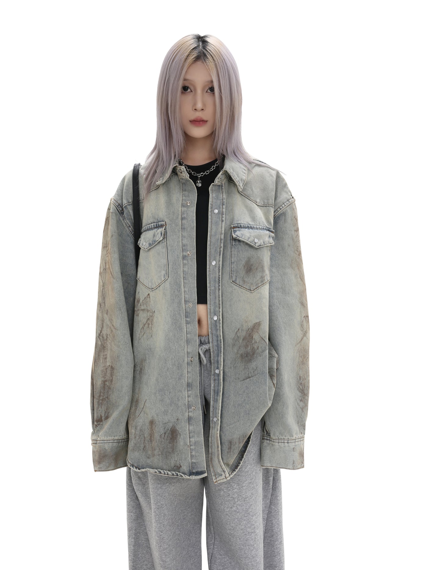 【GIBBYCNA】Claude wash mid-length oversized long-sleeved denim shirt  GC0027