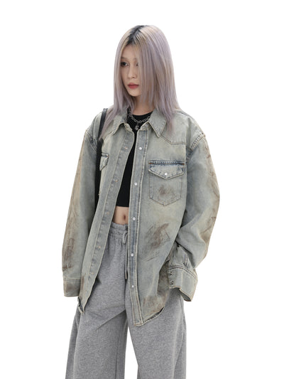 【GIBBYCNA】Claude wash mid-length oversized long-sleeved denim shirt  GC0027