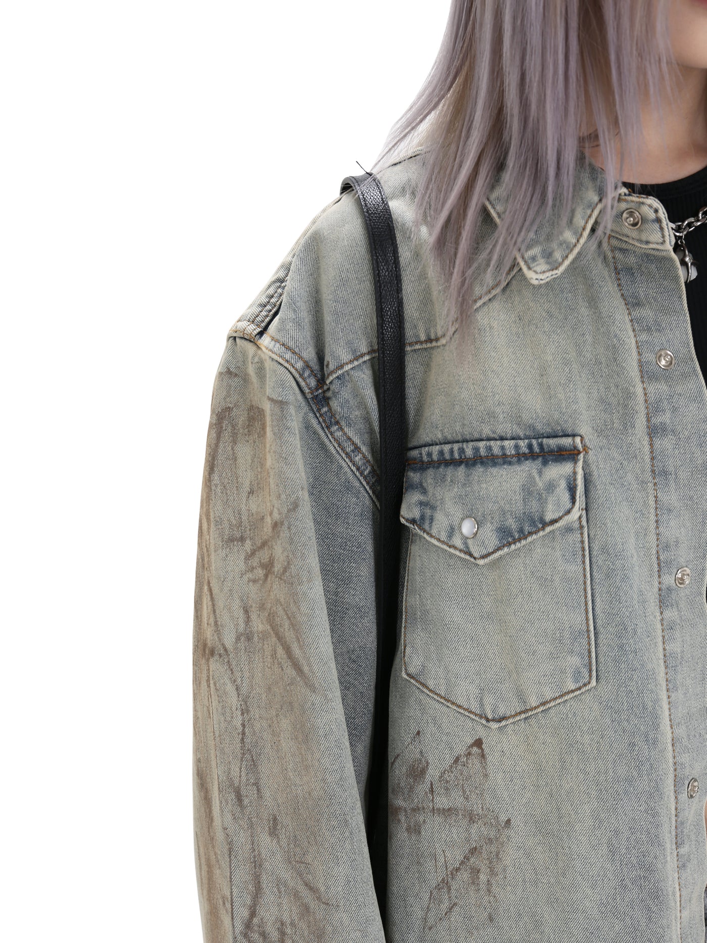 【GIBBYCNA】Claude wash mid-length oversized long-sleeved denim shirt  GC0027