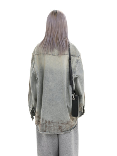 【GIBBYCNA】Claude wash mid-length oversized long-sleeved denim shirt  GC0027