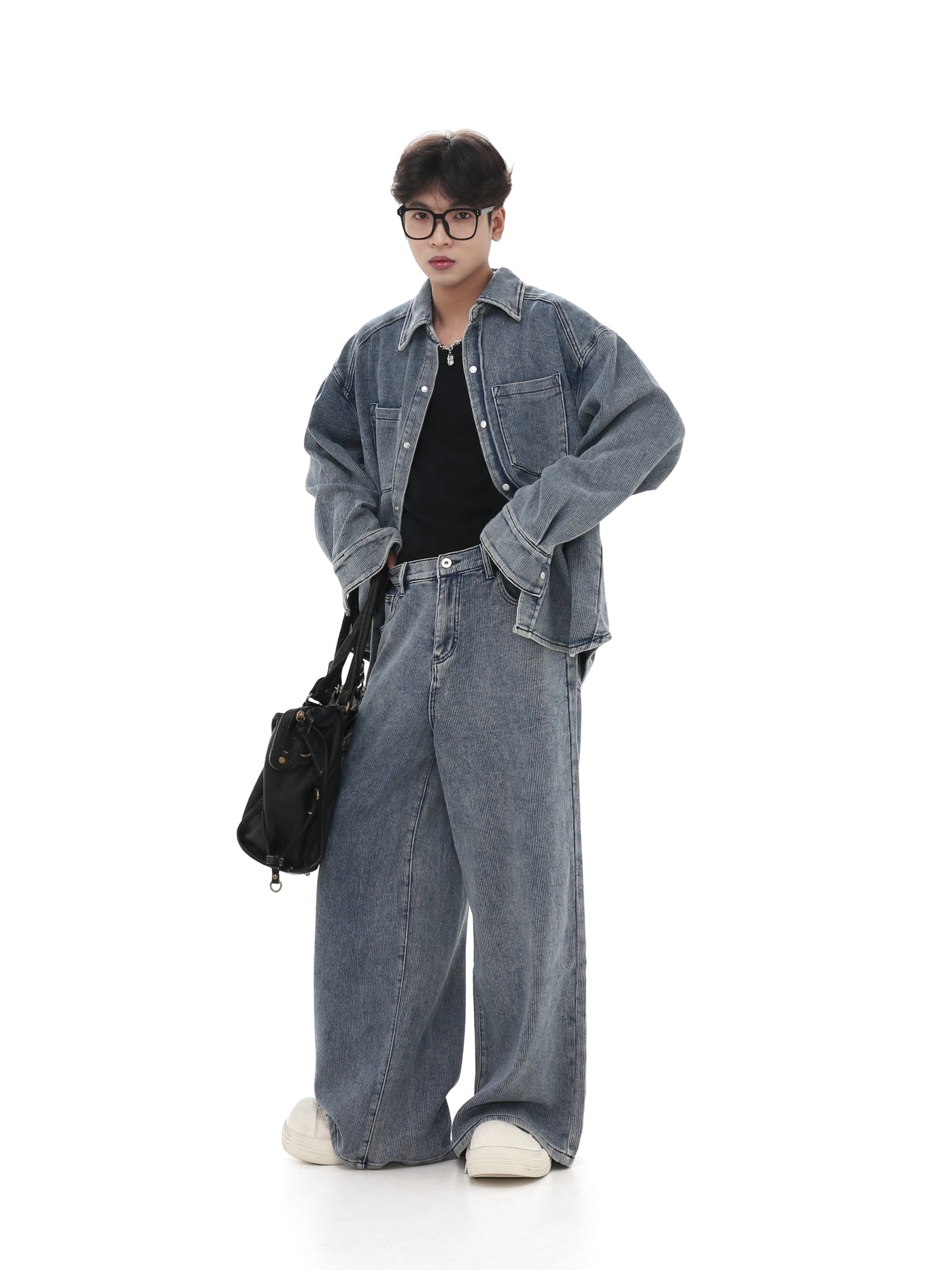 【GIBBYCNA】Tweed dull base blue color wide straight denim pants  GC0030