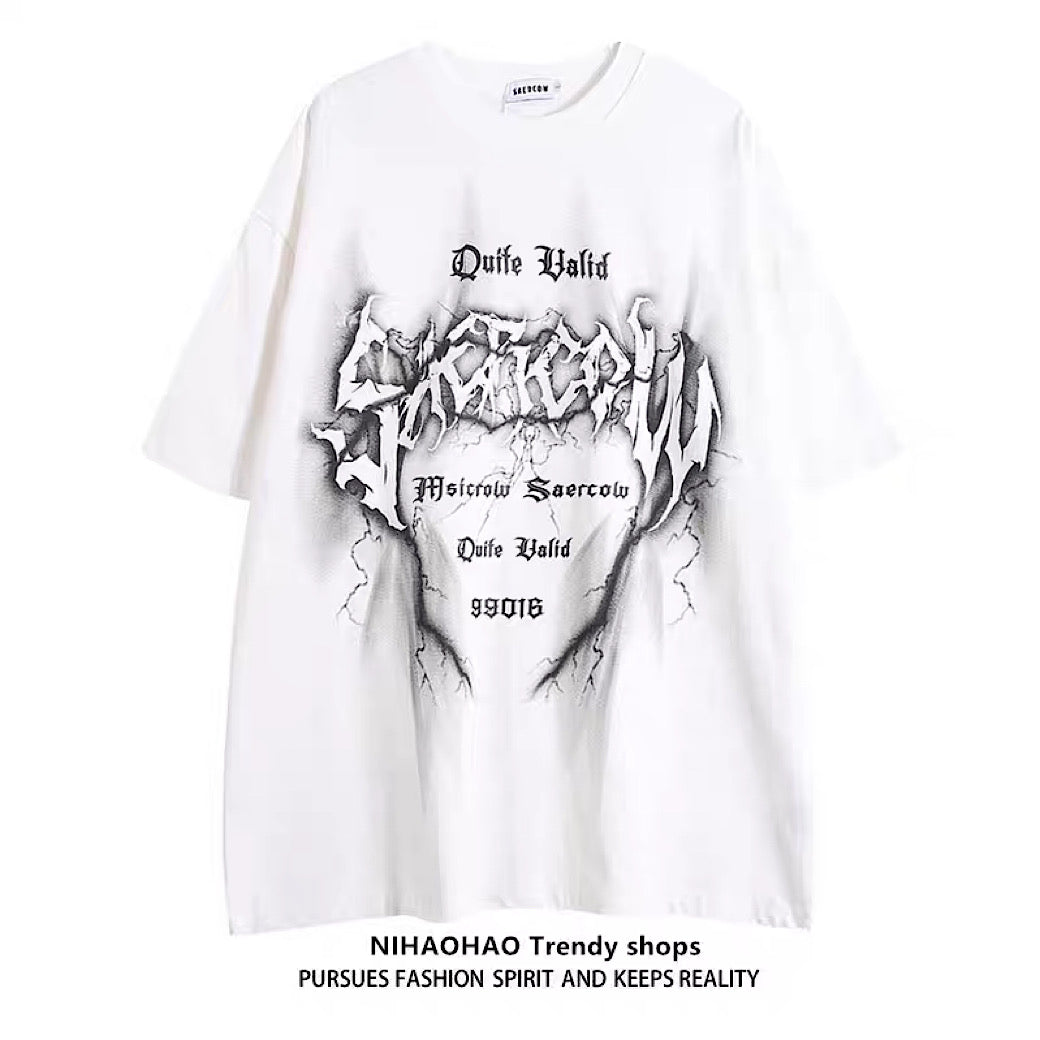 【NIHAOHAO】Subculture Thunder Initial Design Simple Short Sleeve T-shirt  NH0104