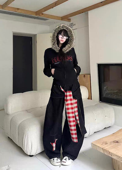 【Take off】Checkered lining fur hoodie Y2K jacket hoodie  TO0029