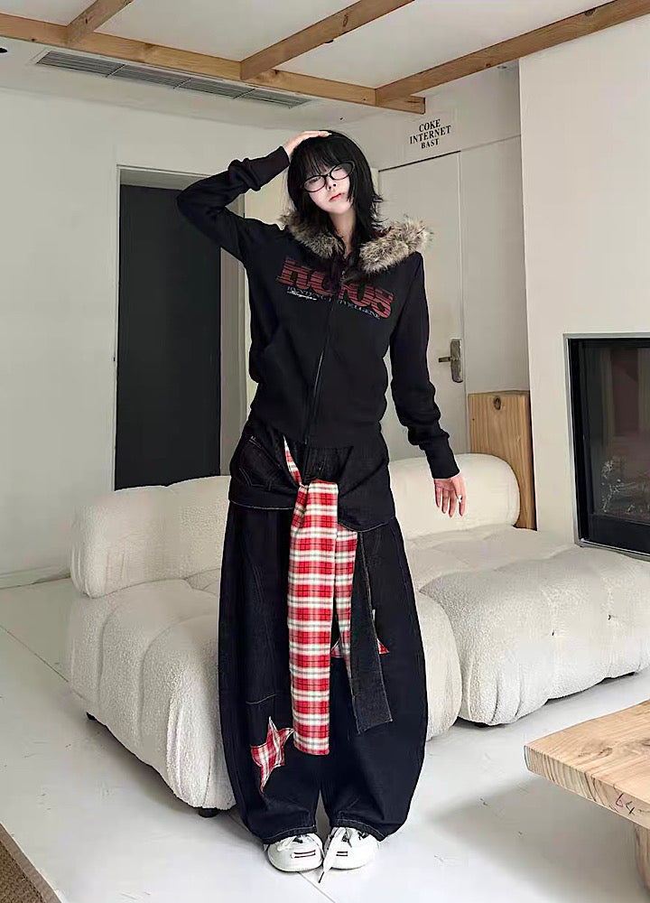 【Take off】Checkered lining fur hoodie Y2K jacket hoodie  TO0029