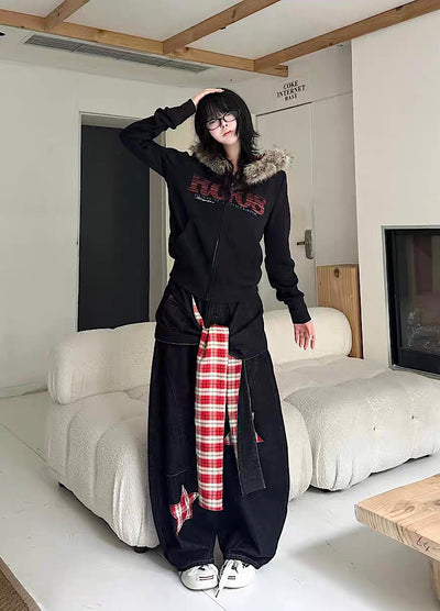 【Take off】Checkered lining fur hoodie Y2K jacket hoodie  TO0029