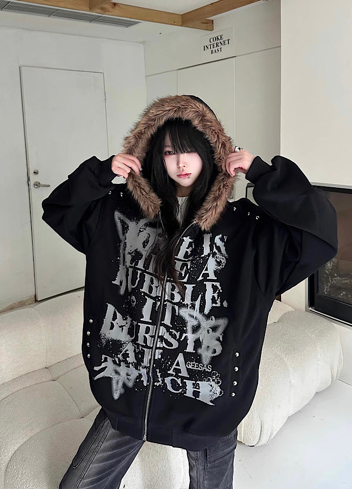 Take off】Front Initial Grunge Design Fur Hoodie Jacket Hoodie