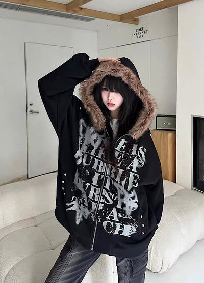 【Take off】Front Initial Grunge Design Fur Hoodie Jacket Hoodie  TO0030