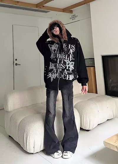 【Take off】Front Initial Grunge Design Fur Hoodie Jacket Hoodie  TO0030