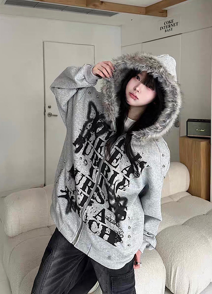 【Take off】Front Initial Grunge Design Fur Hoodie Jacket Hoodie  TO0030