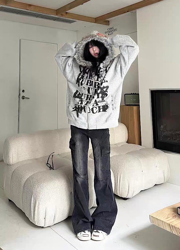 【Take off】Front Initial Grunge Design Fur Hoodie Jacket Hoodie  TO0030
