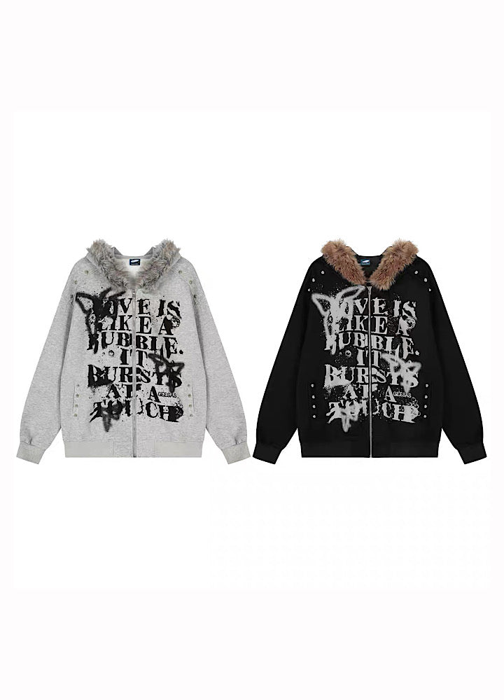 【Take off】Front Initial Grunge Design Fur Hoodie Jacket Hoodie  TO0030