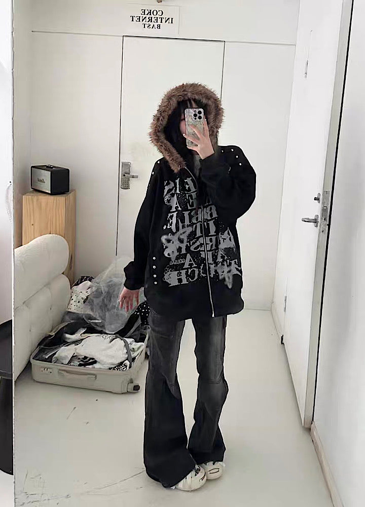 【Take off】Front Initial Grunge Design Fur Hoodie Jacket Hoodie  TO0030