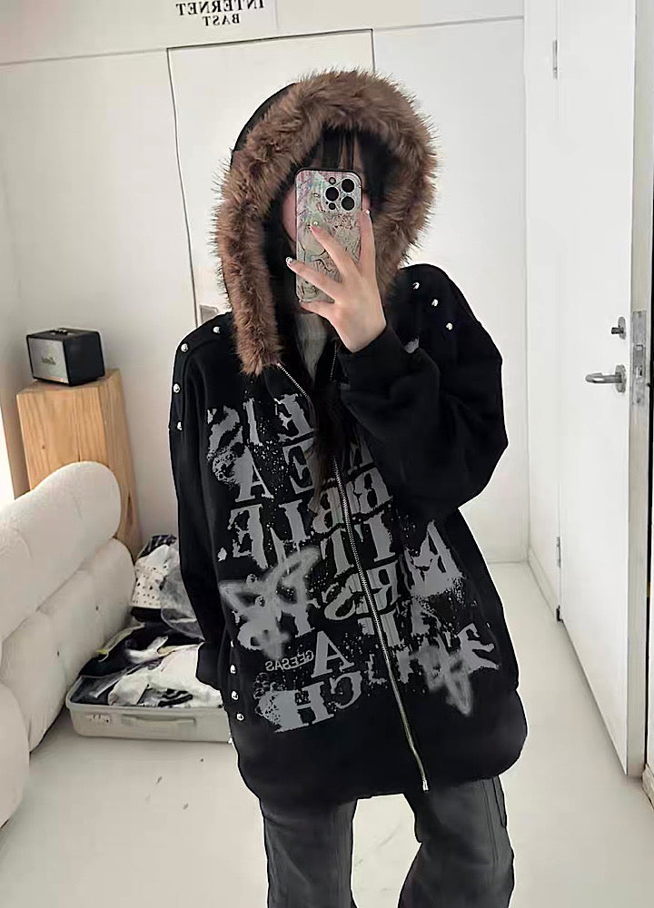 【Take off】Front Initial Grunge Design Fur Hoodie Jacket Hoodie  TO0030