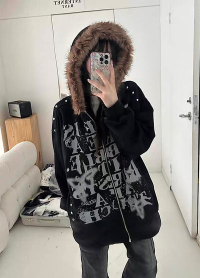 【Take off】Front Initial Grunge Design Fur Hoodie Jacket Hoodie  TO0030