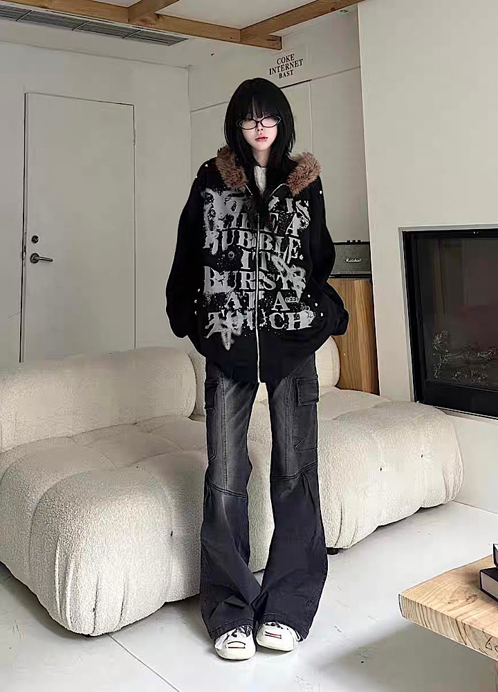 【Take off】Front Initial Grunge Design Fur Hoodie Jacket Hoodie  TO0030